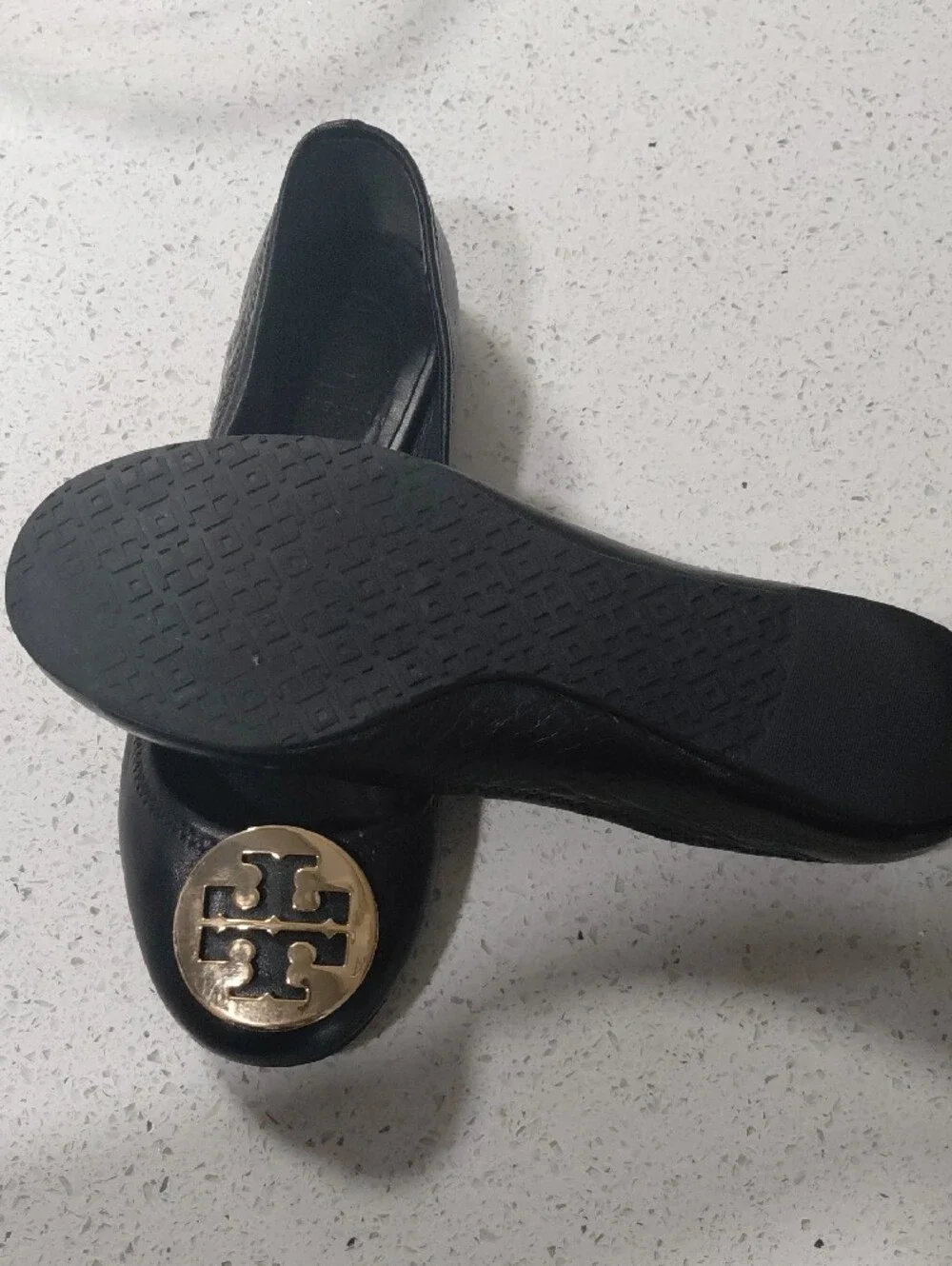 Tory Burch Black Leather Ballet Flats with Gold Logo Medallions